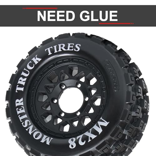 LRFHL MX28 F/R 2.8" RC Monster Truck Tires and Wheels 4PCS, Black | 12mm/14mm Hex Adapter, 1/10 RC Monster Truck, Compatible with Traxxas Stampede Rustler Redcat Arrma Vorteks Big Rock Granite - color: Black Tires+ Black Wheel-10