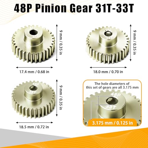 3PCS 48P Pinion Gear Set 7075 Aluminum Alloy 3.175mm Shaft 31T 32T 33T with Screws & Hex for 1/10 RC Arrma Traxxas HPI Sakura Losi Axial SCX10 Tamiya Monster Truck Buggy Motor Gears Upgrade - size: 31 32 33T