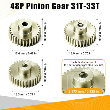 3PCS 48P Pinion Gear Set 7075 Aluminum Alloy 3.175mm Shaft 31T 32T 33T with Screws & Hex for 1/10 RC Arrma Traxxas HPI Sakura Losi Axial SCX10 Tamiya Monster Truck Buggy Motor Gears Upgrade - size: 31 32 33T