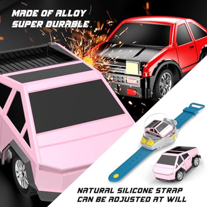YUZ Mini Remote Control Car Watch Toy with LED Lights, 2.4G RC Cars Toy Car Watch USB Charging Hand Controlled Watch RC Car for Kids Boys Girls for Birthday Christmas Holiday Party Gifts, Pink - color: Pink
