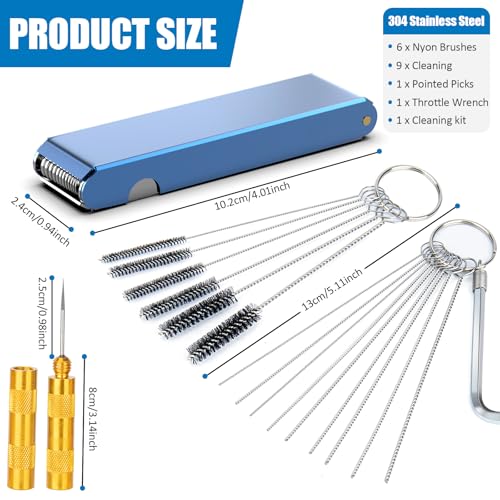 Carburetor Cleaning Kit, Premium Gun Jet Cleaner, Stainless Steel 13 Clean Line Set, 9 Cleaning Needles, 6 Nylon Brushes, 1 Pointed Picks,1 Throttle Wrench