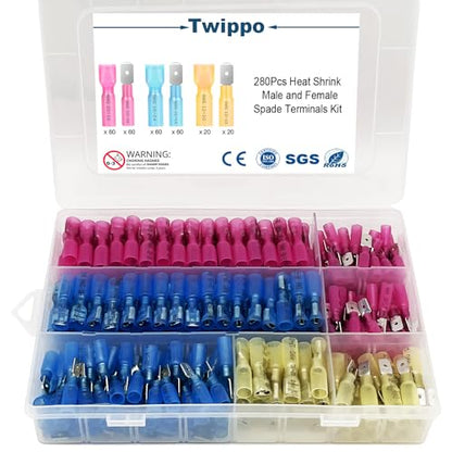 280Pcs Heat Shrink Spade Connector, Male and Female Spade Terminals Kit, Crimp Terminal Connectors, Quick Disconnect Connectors, Automotive Electrical Wire Connectors Kit (22-10 Gauge) - size: 280pcs-spade connector