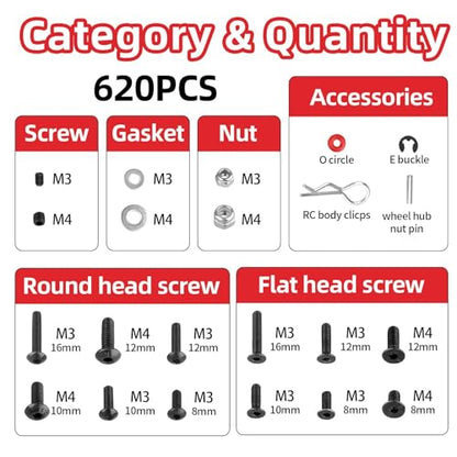 HobbyPark 620pcs RC Screw Kit Screws Assortment Set Hardware RC Repair Tools Kit RC Screwdrivers Hex Drivers for 1/8 1/10 1/12 1/16 Scale RC Car Truck Crawler Buggy Drift Touring