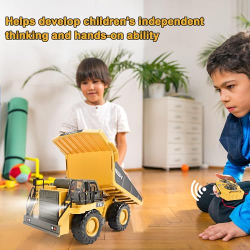KidsFaves RC Dump Truck, 9CH Remote Control Dump Truck with Metal Dump Bed, 45° Lifting & 360° Rotation, 2 Batteries, Lights & Sounds, Construction Toy for Boys Age 3+ - style: dump truck