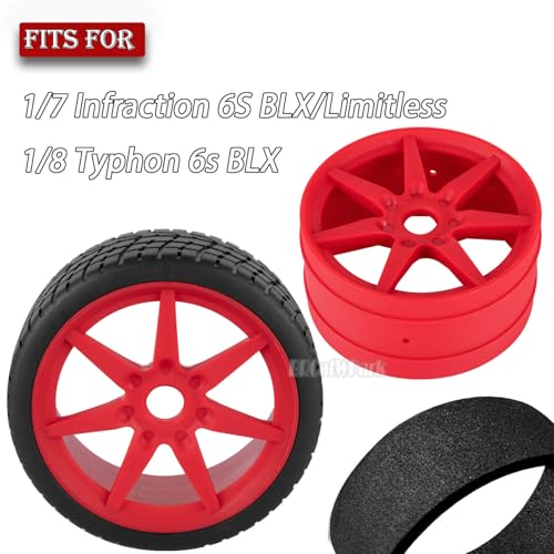 RC Highway Tires Wheel for 1/7 Infraction 6S BLX/Limitless,1/8 Typhon 6s BLX,7 Spokes Wheel Rim & Rubber Highway Tires RC Drift Tires,Red - color: Red - (4pcs Highway Tires)