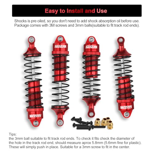 4PCS RC Car Shock Front & Rear Shock Absorber Assembled Set | Compatible with 1/10 Traxxas Slash/Rustler/Stampede 4x4 4WD Replacement Upgrade Parts (Red) - color: Red