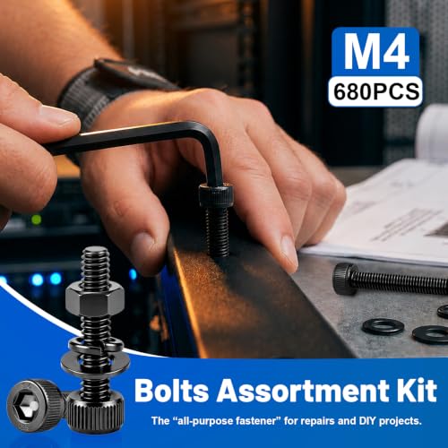 680Pcs M4 Screw Hex Socket Head Cap Bolt Kit 6-30mm 12.9 Alloy Steel | Black Zinc-Plated Metric Allen Bolts Nuts Flat Spring Washers Allen Wrench Assorted Hardware for DIY, 3D Printing Furniture - size: G12.9 M4 680PCS