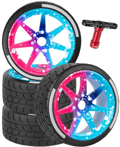 RC Highway Tires Wheel for 1/8 Typhon 6s BLX,1/7 Infraction 6S BLX/Limitless,RC Wheel Rim & Rubber Highway Tires RC Drift Wheels and Tires,Blue Pink - color: Blue Pink - (4pcs Highway Tires)