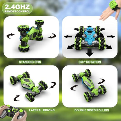 RC Cars,1:12 Gesture Sensing Stunt Car Toys for Boys Girls 6-12 Year Old, 4WD Hand Remote Control Toy 360° Rotate Transform Off-Road Drift with Lights Sound, Birthday Xmas Gifts for Kids - style: 1:12 Green Blue