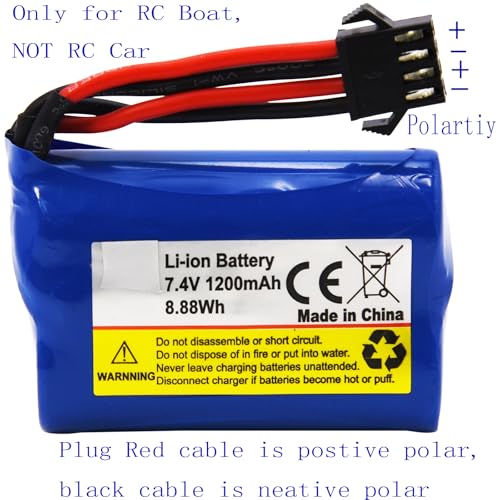 Blomiky 2 Pack 7.4V 1200mAh Li-ion Rechargeable Battery with SM-4P Connector Plug and USB Cable Replacement fit for HONGXUNJIE HJ808 HJ823 2.4GHz RC Boat / HJ808