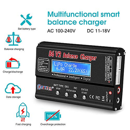 LiPo Battery Charger RC Car Balance Charger, 1S-6S Digital Discharger Battery Pack Charger 80W 6A for Li-ion Life NiCd NiMH LiHV PB Smart Battery,Deans Connectors + Power Supply