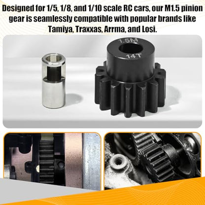 M1.5 14T Pinion Gear 8mm Bore with 8mm to 5mm Shaft Adapter Sleeve, Chromium Steel Motor Gear with Set Screw & Hex Key for Traxxas ARRMA Losi 1/5 1/8 RC Cars - size: 14T