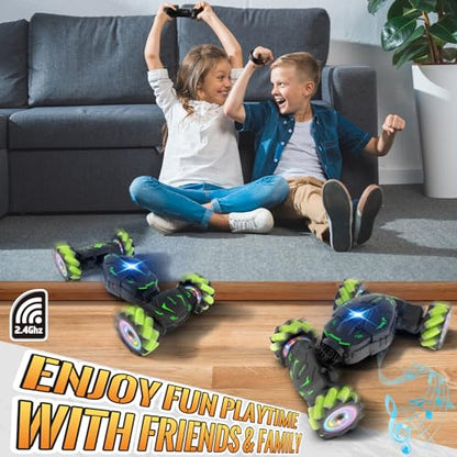 Pristar Gesture RC Car Toys for Boys 6-12, Gifts for Kids Aged 6-12 | RC Sensing Stunt Car with Cool Spray Lights Music, 2.4Ghz Remote Control Car Double Sided Flip 360° Rotate 4WD Off-Road - color: Green-black