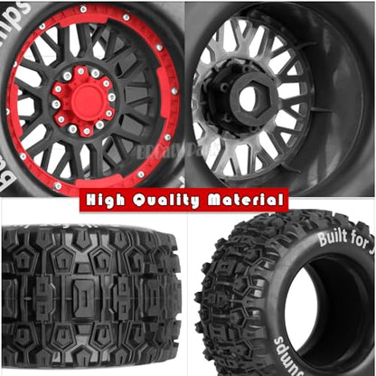 17mm Hex 1/7 1/8 1/10 RC Wheels and Tires for 1/10 Revo/Summit/T-Maxx/E-Revo,1/8 Kraton/Outcast/Fireteam/Notorious 6S,Sledge,1/7 Fireteam 6S,etc RC Monster Truck,(4Pcs) Red Black - color: Red Black - (Rc Truck Tires)