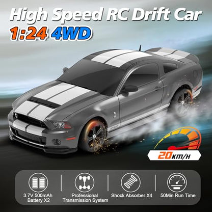 YONCHER RC Drift Car, Remote Control Car for Kids Ford Mustang Shelby GT500 Officially Licensed, 1:24 20KM/H 4WD RC Cars with Lights, Fast Racing Toy Car for Boys Girls, Gray - color: Gt500 Gray