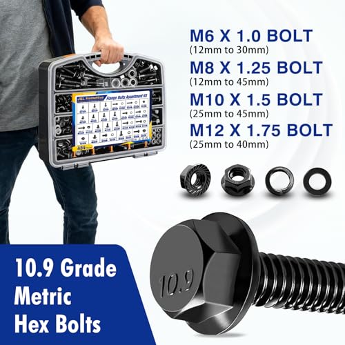 454 pcs Metric Flange Bolt Assortment Kit- Grade 10.9 M12 M10 M8 M6 Nuts and Bolts Assortment Kit, Black zinc Plating Hex Bolts and Nuts Washers,Metric Bolt Assortment for Automotive