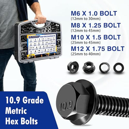 454 pcs Metric Flange Bolt Assortment Kit- Grade 10.9 M12 M10 M8 M6 Nuts and Bolts Assortment Kit, Black zinc Plating Hex Bolts and Nuts Washers,Metric Bolt Assortment for Automotive