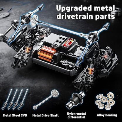 RC Cars 1:14 All Terrain Off-Road RC Truck, 4WD Fast Remote Control Car 40 KM/H, 4X4 Waterproof Monster Truck with 2×1300mAh Batteries, Metal Shocks, 6 LED Headlights, RTR RC Vehicle