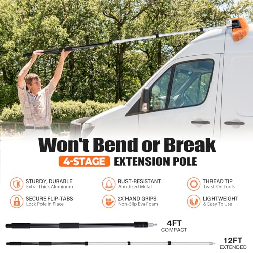 ARTIPOLY 20ft Reach Car Wash Brush with Long Handle-Car Cleaning Kit with 4-12FT Extension Pole, Ultimate RV,Truck Wash Set with Soft Brush, Tire Brush, Window Squeegee, Mitt, Microfiber Cleaning Mop - size: 4-12ft