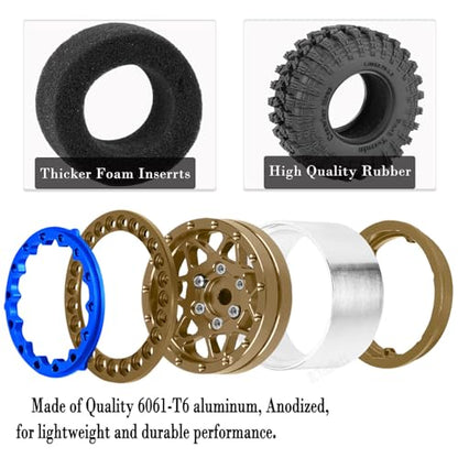 RC 1.3" Beadlock Wheel Tires Set/RC Wheels and Rim for 1/18 1/24 Trx4m SCX24 FCX24 RC Crawler Car,Aluminum 1.3 Wheel Rim Soft Rubber Tires w/Wheels Ring,Brown - color: Brown- (Wheel Tires)