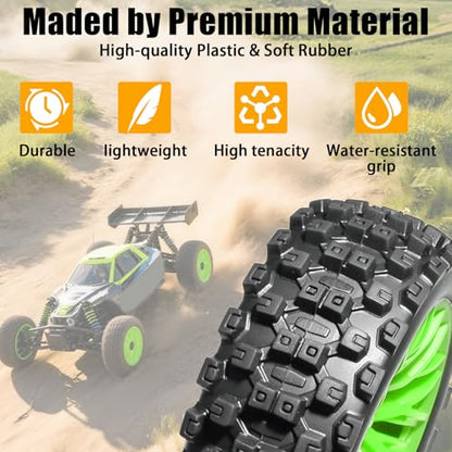 4PCS Pre-Glued RC Crawler Car Rubber Tires and Plastic Wheels Set, 70mm*26mm Tires and Rims with 12mm Hex Fits for ARRMA 1/14 1/16 1/18 Granite/Typhon Grom RC On/Off Road Crawler Truck Car (Green) - color: Green