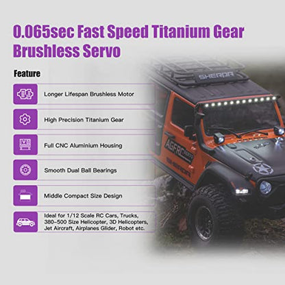 AGFRC 8.5KG HV Brushless RC Servo Motor for 1/12 1/10 RC Car(A35BHM) | 0.065Sec High Speed, Brushless motor, Programmable, 8.4V HV, CNC Aluminum Case, Titanium Gears, 35.5x15x29.2mm, 41g