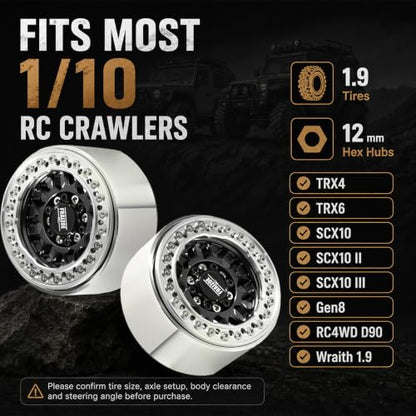 4PCS 1.9" RC Beadlock Wheels with12mm Hex & -6mm Offset Aluminum 30mm Wide Rims for 1/10 RC Crawler, Compatible with TRX4 TRX6 SCX10 SCX10 II III Gen8 RC4WD D90 90046 AXI03007 - color: Silver-Black