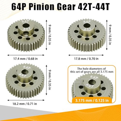 64P Pinion Gear 3.175mm Shaft 7075 Aluminum Alloy Motor Gears,0.6 Metric Pitch 42 43 44T with 1/8 Hole Pinion Gear Compatible with 1/10 Arrma HPI Kyosho Losi Axial Traxxas Tamiya RC Car - size: 42 43 44T