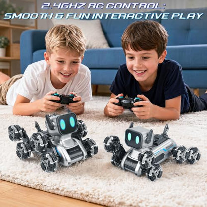 8WD RC Stunt Robot Dog, Gesture Sensing 2.4Ghz Remote Control Toy | 8 Wheeled RC stunt robot dog with gesture sensing & remote control, LED eyes and music, rechargeable toy for Kids 6-12