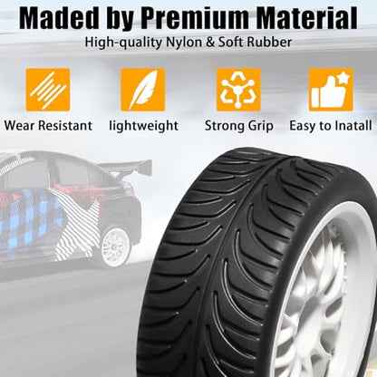 OD 2.55" On Road Rubber Tires Nylon Wheels- 12mm Hex for 1/10 RC Racing Car | Compatible with MJX HSP Tamiya HPI Kyosho Traxxas Sakura Redcat WLtoys 1/10 RC On-Road Racing Touring Car (4pcs, White) - style: E-White