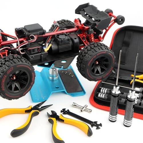 12 Pieces RC Car Repair Tool Kit with Hex Phillips Flat Screwdrivers, Pliers, Spanners, Wrenches–Hobby Tool Set Compatible with RC Car Drone Helicopter Airplane Boat Multirotor Models(Black) - color: Black