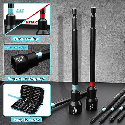SHALL 20PCS Magnetic Nut Driver Set, 6” Long Nut Drivers for Impact Drill, SAE & Metric 1/4” Hex Shank Nut Driver Bit & Impact Drill Driver Bit w/Power Screwdriver Bits PH1/PH2/SQ2/T20, Storage Bag - size: 20Pcs Long Nut Drivers