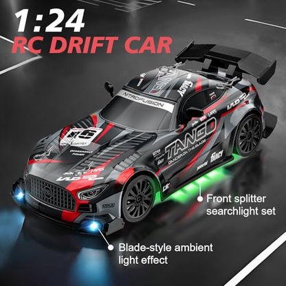 RC Car for Kids, 1:24 High Speed Remote Control Drift Car | 2.4GHz 4WD RC drift car with LED lights, 2 batteries (50-min runtime), drift tires, Birthday gift for boys aged 4-12, Black - color: 2-black