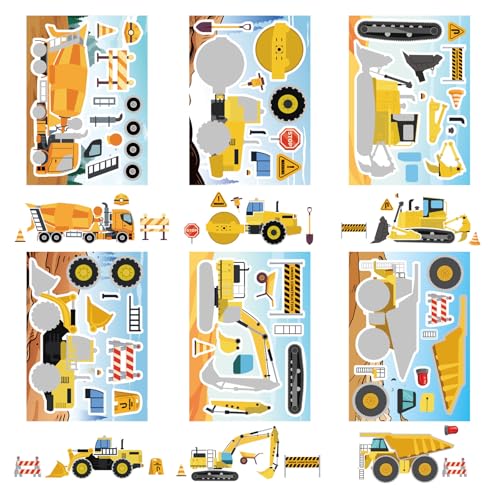 24 Sheets Make Your Own Construction Vehicle Stickers, Make-a-face Stickers | Engineering Vehicles Stickers for Kids Boys, Fire Trucks Excavator Construction for Kids Construction Themed Party Favors - style: Construction Vehicle