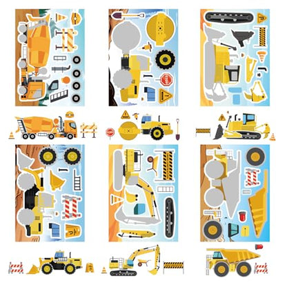 24 Sheets Make Your Own Construction Vehicle Stickers, Make-a-face Stickers | Engineering Vehicles Stickers for Kids Boys, Fire Trucks Excavator Construction for Kids Construction Themed Party Favors - style: Construction Vehicle