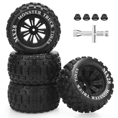 12mm Hex RC Wheels and Tires, daitoku MX28 RC Truck Tires for Traxxas Rustler Stampede Hoss 2wd 4x4 vxl Redcat RIAARIO AMORIL - Style B (Black) Not Glued