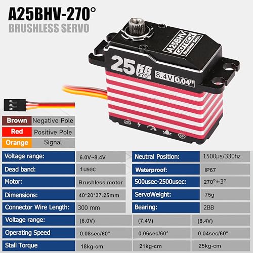 GOTECK 25KG Brushless Digital Servo,8.4V Full Metal Gear Servo,IP67 Waterproof Steering Servo with 25T Servo Horn for 1/10 Scale RC Cars,RC Crawler,Trucks,Boat,Robot Parts (A25BHV-270°)