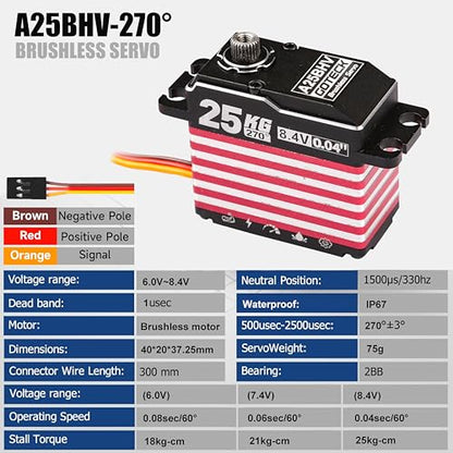 GOTECK 25KG Brushless Digital Servo,8.4V Full Metal Gear Servo,IP67 Waterproof Steering Servo with 25T Servo Horn for 1/10 Scale RC Cars,RC Crawler,Trucks,Boat,Robot Parts (A25BHV-270°)