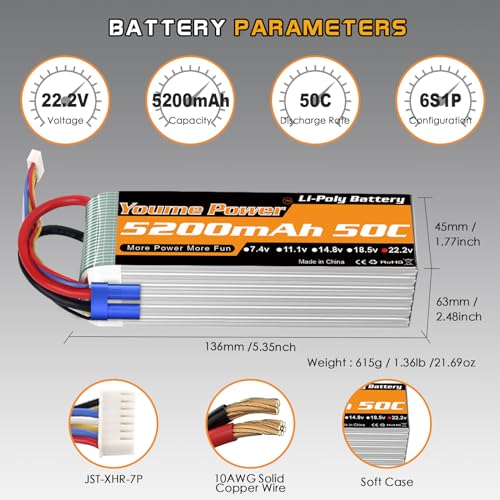 Youme 6S Lipo Battery 22.2V 5200mAh 50C EC5 Plug 2Packs for RC Car Truck | 22.2V 6S lipo battery softcase 50C EC5/XT90 plug for 550/600/700 RC Airplane Helicopter,1/7 1/8 RC Car Truck, 70-90mm EDF jet