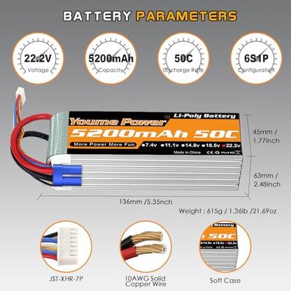 Youme 6S Lipo Battery 22.2V 5200mAh 50C EC5 Plug 2Packs for RC Car Truck | 22.2V 6S lipo battery softcase 50C EC5/XT90 plug for 550/600/700 RC Airplane Helicopter,1/7 1/8 RC Car Truck, 70-90mm EDF jet