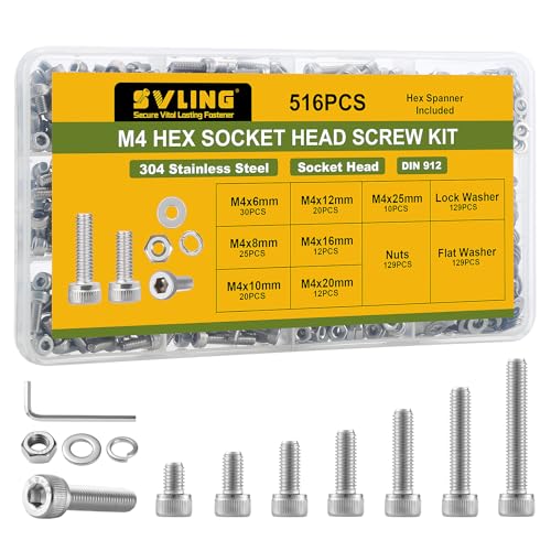 516PCS M4 Screws Assortment Kit, 304 Stainless Steel 18-8 Hex Socket Head Cap Screws Bolts Nuts and Washers Set, M4 x 6/8/10/12/16/20/25mm, for 3D Printer - size: SS M4 516PCS Socket Cap