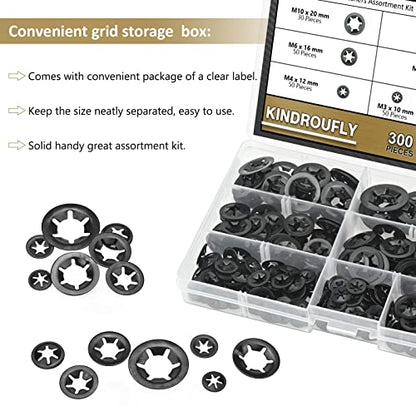 300 Pieces Internal Tooth Star Lock Washers, Kindroufly 7 Sizes Quick Speed Locking Washers, Push on Retaining Clips Assortment Kit (M3, M4, M5, M6, M8, M10, M12) - size: M3, M4, M5, M6, M8, M10, M12