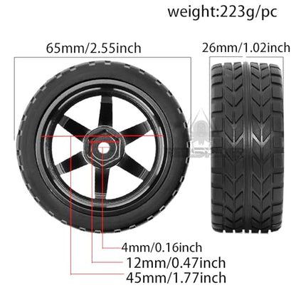 REDSPIDER•1/10 On Road Tires and Aluminum Wheels（4PCS） 12mm Hex RC Rally Racing Tyres OD 2.56" for Tamiya TT01 TT02 XV01 TA06 A959 PTG2 HPI KYOSHO PTG2 (Black) - color: Black