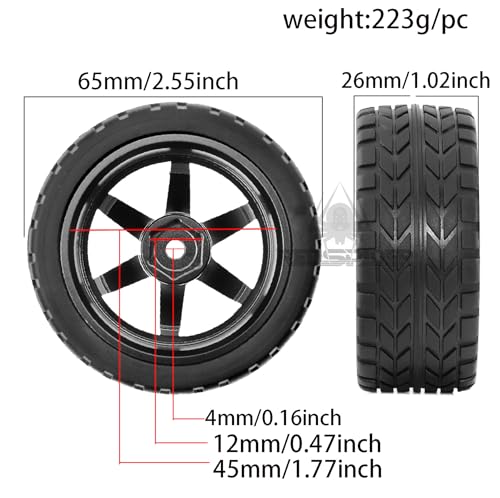 REDSPIDER•1/10 On Road Tires and Aluminum Wheels（4PCS） 12mm Hex RC Rally Racing Tyres OD 2.56" for Tamiya TT01 TT02 XV01 TA06 A959 PTG2 HPI KYOSHO PTG2 (Black) - color: Black