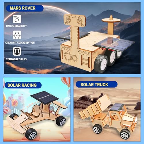 6-in-1 Solar STEM Building Kit, Wooden DIY Construction Set with Satellite, Helicopter, Cars, Educational Science Toy for Kids Ages 6-14 Years (1)