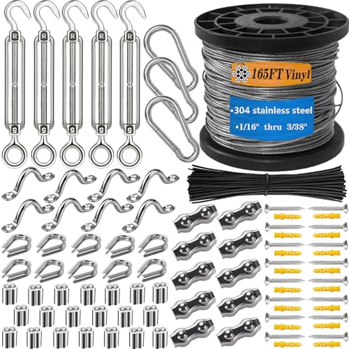 304 Stainless Steel Turnbuckle Kit - 165FT（50M） Vinyl-Coated Wire Rope Heavy Duty & Anti-Rust for Outdoor Lights Hanging, Pictures, Decor & DIY Projects Easy Installation. - size: 50M-165FT