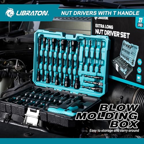 LIBRATON 27PCS Magnetic Nut Driver Set, Ratcheting T Handle, Metric&SAE | Nut Driver Set for Impact Drill, Long Socket Set, Drill Bits, Socket Adapters, Wing Nut Driver, Magnetic Holder, Storage Case - style: 27PCS With Handle