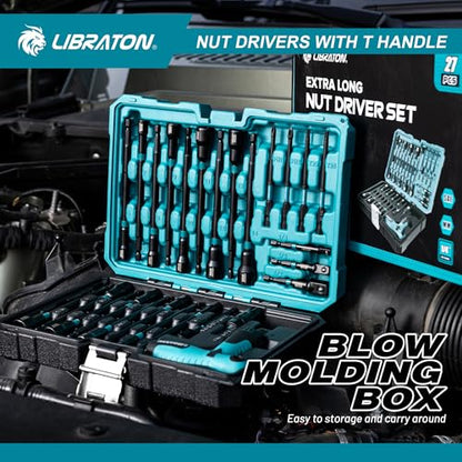 LIBRATON 27PCS Magnetic Nut Driver Set, Ratcheting T Handle, Metric&SAE | Nut Driver Set for Impact Drill, Long Socket Set, Drill Bits, Socket Adapters, Wing Nut Driver, Magnetic Holder, Storage Case - style: 27PCS With Handle