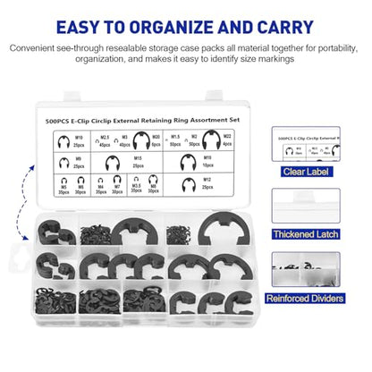 Boatsea 500Pcs E-Clip Circlip Assortment Set, External Retaining Clips Assortment Set, Alloy Steel Circlip Kit, Anti Walk Washers, Includes 17 Sizes of M1.5-M22 - size: E-Clip 500PCS