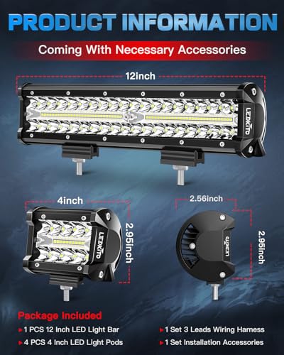 12Inch LED Light Bar and 2PCS 4Inch LED Cube Pod Lights Off Road Driving Light with Rocker Switch 3Lead Wiring Harness Kit Spot Flood Combo Triple Row Light Bars for SUV UTV ATV Truck Tractor - size: 12+4in LED Light Bar Kit with Rocker Switch